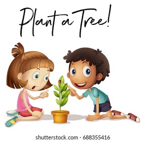 Phrase expression for plant a tree with kids and tree illustration