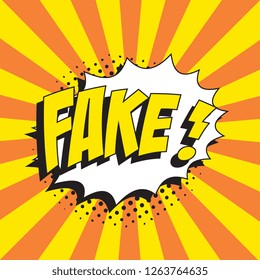 phrase 'fake!' in retro comic speech bubble with halftone dotted shadow on colorful background. vintage vector illustration easy to edit and customize. eps10