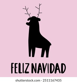 Frase - Feliz Navidad significa Feliz Natal em espanhol. Silhueta abstrata de um veado. Design plano. Ilustração desenhada à mão sobre fundo rosa.