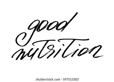 Phrase food text calligraphy good nutrition handwritten black text isolated on white background, vector. Each word is on the separate layer