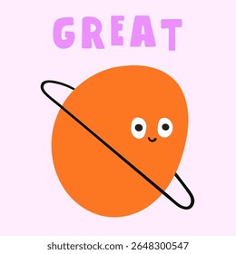 Frase - grande e bonito planeta Saturno. Arte infantil. Adesivo, banner, design de camiseta. Ilustração desenhada à mão sobre fundo rosa.