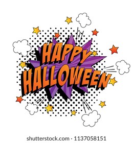 phrase happy halloween in pop art style on white background