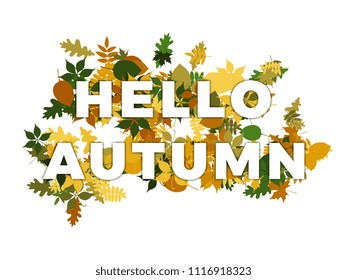 phrase hello autumn with smooth shadows on a pile of autumn leaves