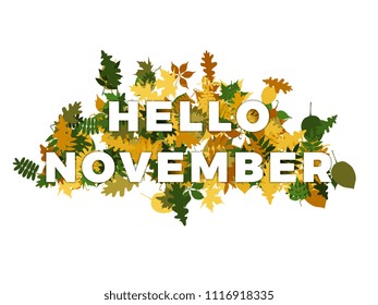 phrase hello november with smooth shadows on a pile of autumn leaves