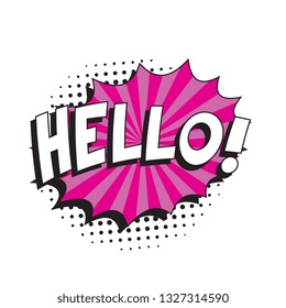 phrase 'hello' in retro comic speech bubble with strong and halftone dotted shadows on white background. vector vintage pop art illustration easy to edit and customize. eps 10