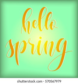 Phrase "Hello spring!" Brush Pen lettering on shine sunny background. Handwritten vector Illustration