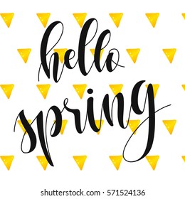 Phrase "Hello spring!" Brush Pen lettering isolated on background. Handwritten vector Illustration