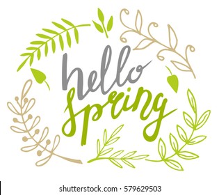 Phrase "Hello spring!" Brush Pen lettering isolated on background. Handwritten vector Illustration. Modern calligraphy brush. Spring flowers background.