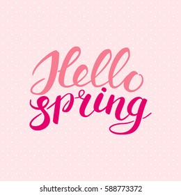 Phrase Hello spring Brush Pen lettering isolated on background. Handwritten vector Illustration.