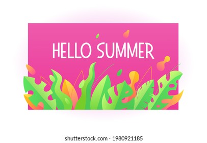Phrase Hello Summer. Hello Summer card poster with text, tropic leaf decoration. Summertime paradise element for party invitation, print design on pink background