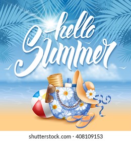 Phrase Hello Summer hand drawn by brush. Calligraphic lettering inscription Hello Summer with different beach things on sea shore background. Concept motivation image. Vector illustration.