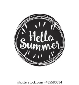 Phrase Hello summer on black grunge background. Vector lively hand drawn picture. Motivation. Simple color illustration. Schematic picture.