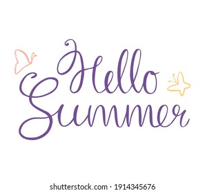 Der Satz "Hallo Sommer" auf weißem Hintergrund. Schmetterlinge. Für die Dekoration von Postkarten, Einladungen, Bannern, Fotos, Hintergründen. Vektorhandschrift.