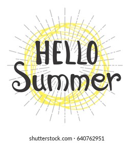 Phrase Hello Summer Vector Illustration. Happy Season Background for Design. Summer Lettering in Hand Drawn Style