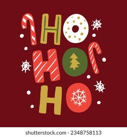 Phrase Ho Ho Ho with gingerbreads and candy canes on red background banner design. Waiting for Santa Claus visit idea. Doodle festive poster