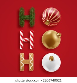 Frases como Ho Ho Ho Ho hechas de diferentes elementos navideños. Decoración de caramelos, galletas, ramas, bailes de navidad. Concepto de Año Nuevo y Navidad