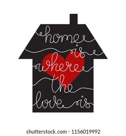 Phrase Home is where the love is. Hand drawn lettering in shape of house.