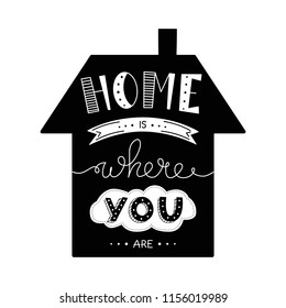 Phrase Home is where you are. Hand drawn lettering in shape of house.