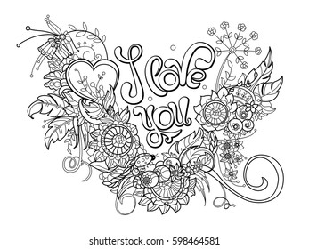 The phrase "I love you" for the flowers. Page for coloring. Vector illustration