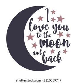 La frase "te amo a la luna y de vuelta". Diseño vectorial plano en forma redonda.