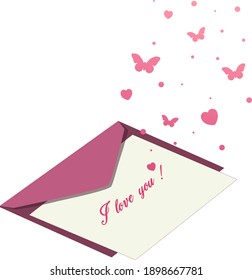 The phrase "I love you" on a white sheet of paper in a burgundy envelope and butterflies and hearts flying from the letter
