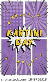 Phrase "KARTINI DAY" in vintage comics speech bubble on a background with radial lines and halftone dots. Holiday banner design template in retro pop art style. Vector illustration eps10