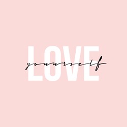 Phrase Lettering Writing Quote Love Yourself Handwritten Black Text Isolated On Pink Background Vector. Each Word Is On The Separate Layer