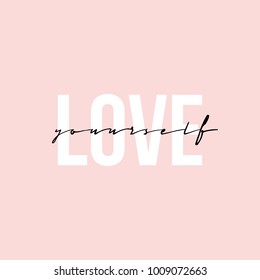 Phrase lettering writing quote love yourself handwritten black text isolated on pink background vector. Each word is on the separate layer