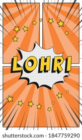 Phrase "LOHRI" in vintage comics speech bubble on a background with radial lines and halftone dots. Holiday banner design template in retro pop art style. Vector illustration eps10
