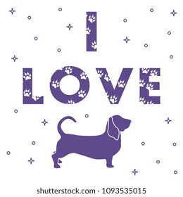 Phrase: I Love and dog. The message is decorated with traces. Template for design, print.
