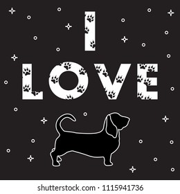 Phrase: I Love and dog. The message is decorated with traces. Template for design, print.