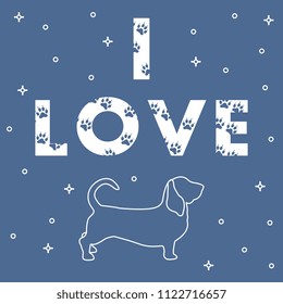 Phrase: I Love and dog. The message is decorated with tracks. Template for design, print.