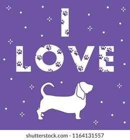 Phrase: I Love and dog. The message is decorated with traces. Template for design, print.