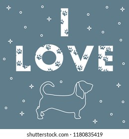 Phrase: I Love and dog. The message is decorated with traces. Template for design, print.