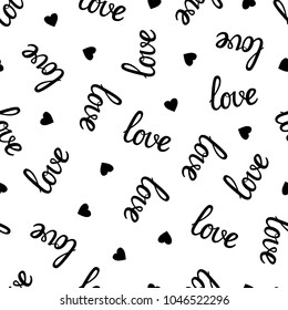 Phrase "love" hand drawn lettering and hearts on white background. Black seamless vector pattern.  Texture for fabric, wrapping paper, wallpaper, print