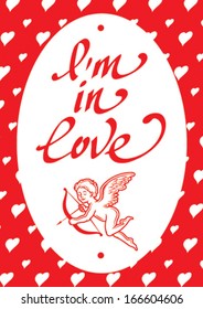 phrase I'm in love on red background with pattern