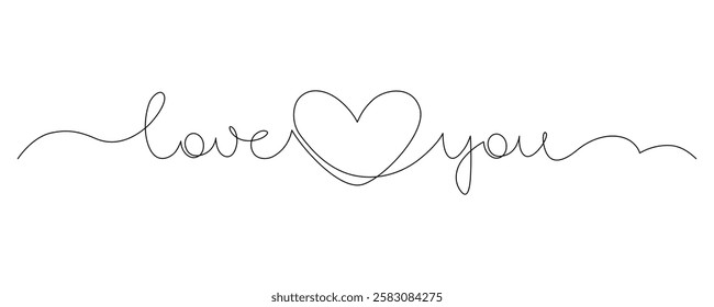 Phrase Love you , drawn with continuous line hand lettering, word, handwriting, declaration of love, valentine day, heart shape, calligraphy card lettering, one line, editable vector contour