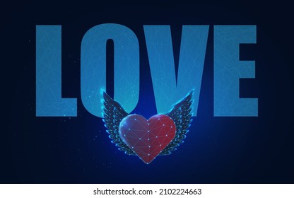 Phrase I love you with red heart with wings. Postcard Happy Valentine's Day. frame construction. Abstract geometric background. 3D graphic concept Vector illustration. In wireframe style
