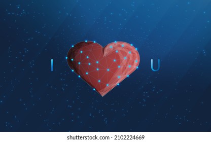 Phrase I love you with red heart. Postcard Happy Valentine's Day. frame construction. Abstract geometric background. 3D graphic concept Vector illustration. In wireframe style
