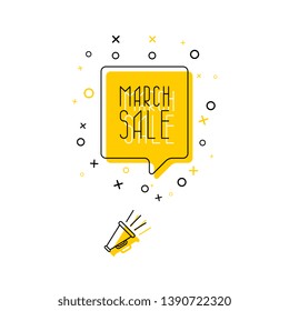phrase 'march sale' in yellow speech bubble and megaphone on white background. flat thin line vector illustration. modern banner and poster business, marketing, advertising concept template. eps 10