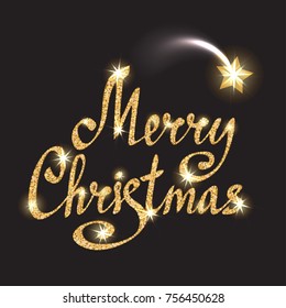 Phrase Merry Christmas. Gold lettering with falling star. Calligraphic text. Holiday card template. Vector illustration, eps 10