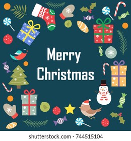 The phrase of Merry Christmas on a blue background with decorative ornaments. Vector illustration in a flat style.