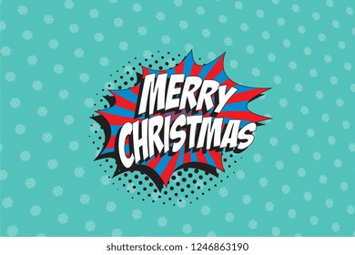phrase 'merry christmas' in retro comic speech bubble with halftone dotted shadow on blue background with snowflakes pattern. vintage cartoon vector illustration easy to edit and customize. eps 10