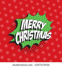 phrase 'merry christmas' in retro comic speech bubble with halftone dotted shadow on red background with snowflakes pattern. vintage cartoon vector illustration easy to edit and customize. eps 10