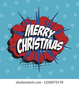 phrase 'merry christmas' in retro comic speech bubble with halftone dotted shadow on blue background with snowflakes pattern. vintage cartoon vector illustration easy to edit and customize. eps 10
