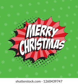 phrase 'merry christmas' in retro comic speech bubble with halftone dotted shadow on blue background with snowflakes pattern. vintage cartoon vector illustration easy to edit and customize. eps 10