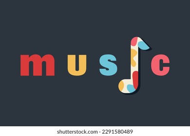 Phrase of Music with bright colored letters on black background. Slogan handwritten by creative minimalist font. Modern trendy text. Vector illustration for print, textile, sweatshirt, t-shirt, bags