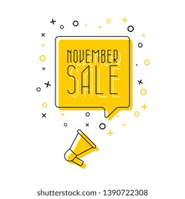 phrase 'november sale' in yellow speech bubble and megaphone on white background. flat thin line vector illustration. modern banner and poster business, marketing, advertising concept template. eps 10