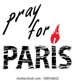 phrase Pray for Paris, with a candle for a prayer in the form of letters I with red flame and black letters