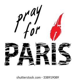 phrase Pray for Paris, with a candle for a prayer in the form of letters I with red flame and black letters